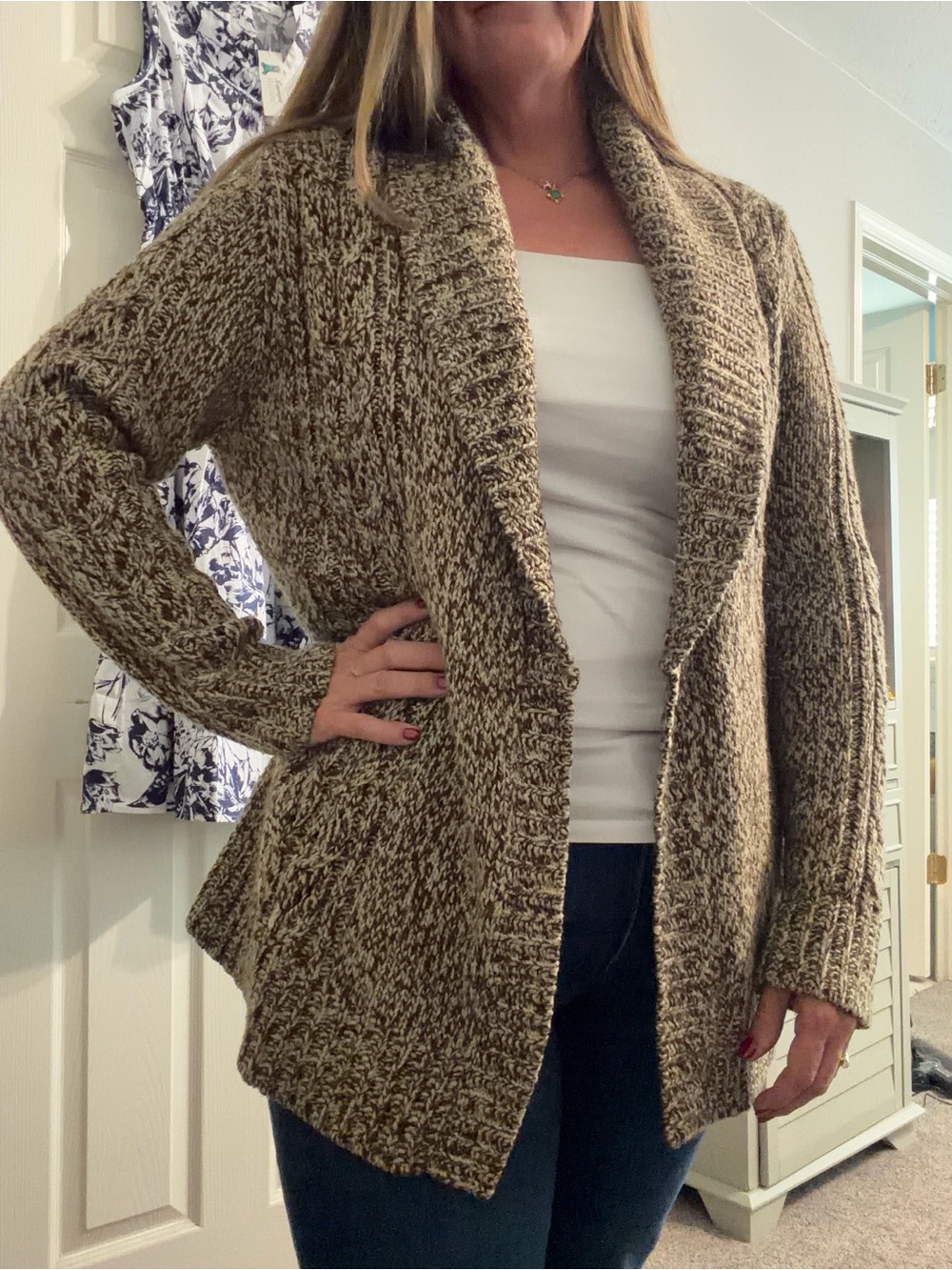 St. John's Bay Marled Brown Open-Front Chunky Knit Cardigan